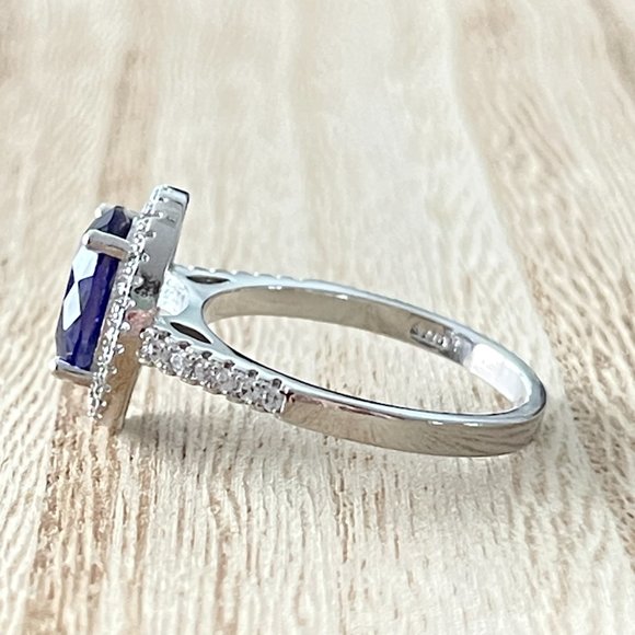 Oval Simulated Amethyst Halo Ring - 925 Sterling Silver - Picture 2 of 5